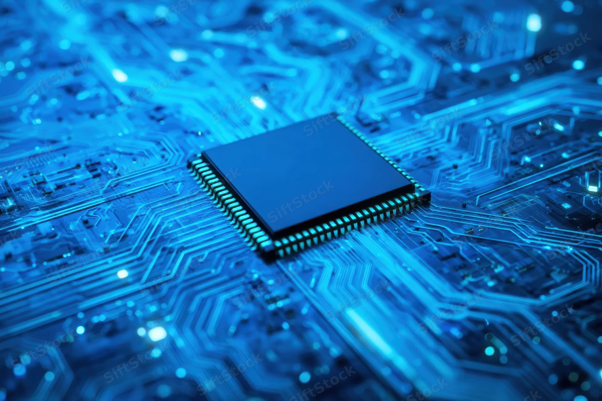 Close-up of a central processing unit on a blue circuit board with glowing pathways