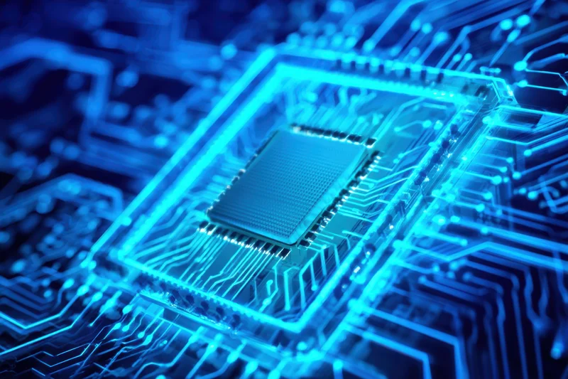 Close-up of a glowing blue circuit board with a central processing unit at its core