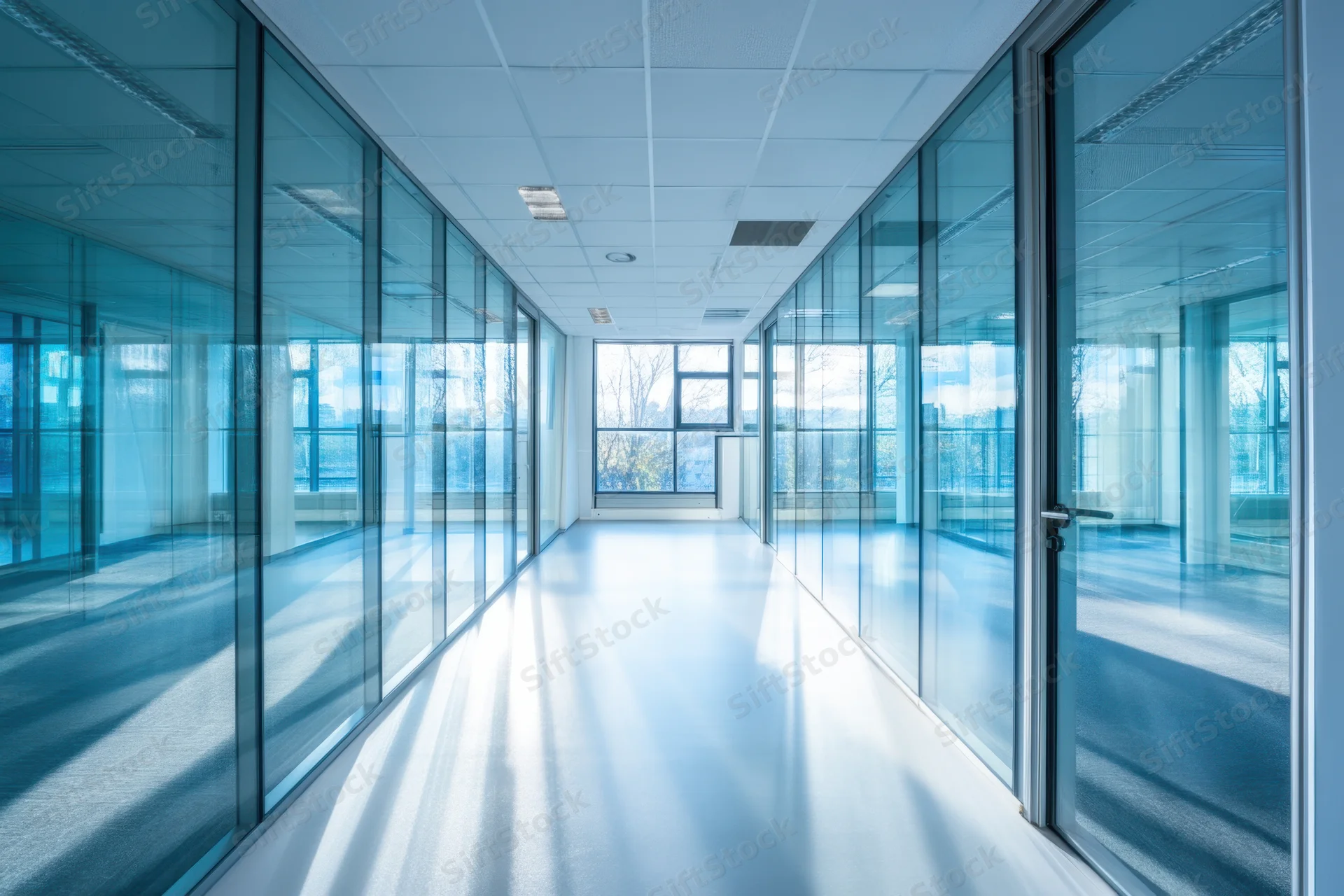 Modern office hallway with glass walls and bright natural light streaming through windows