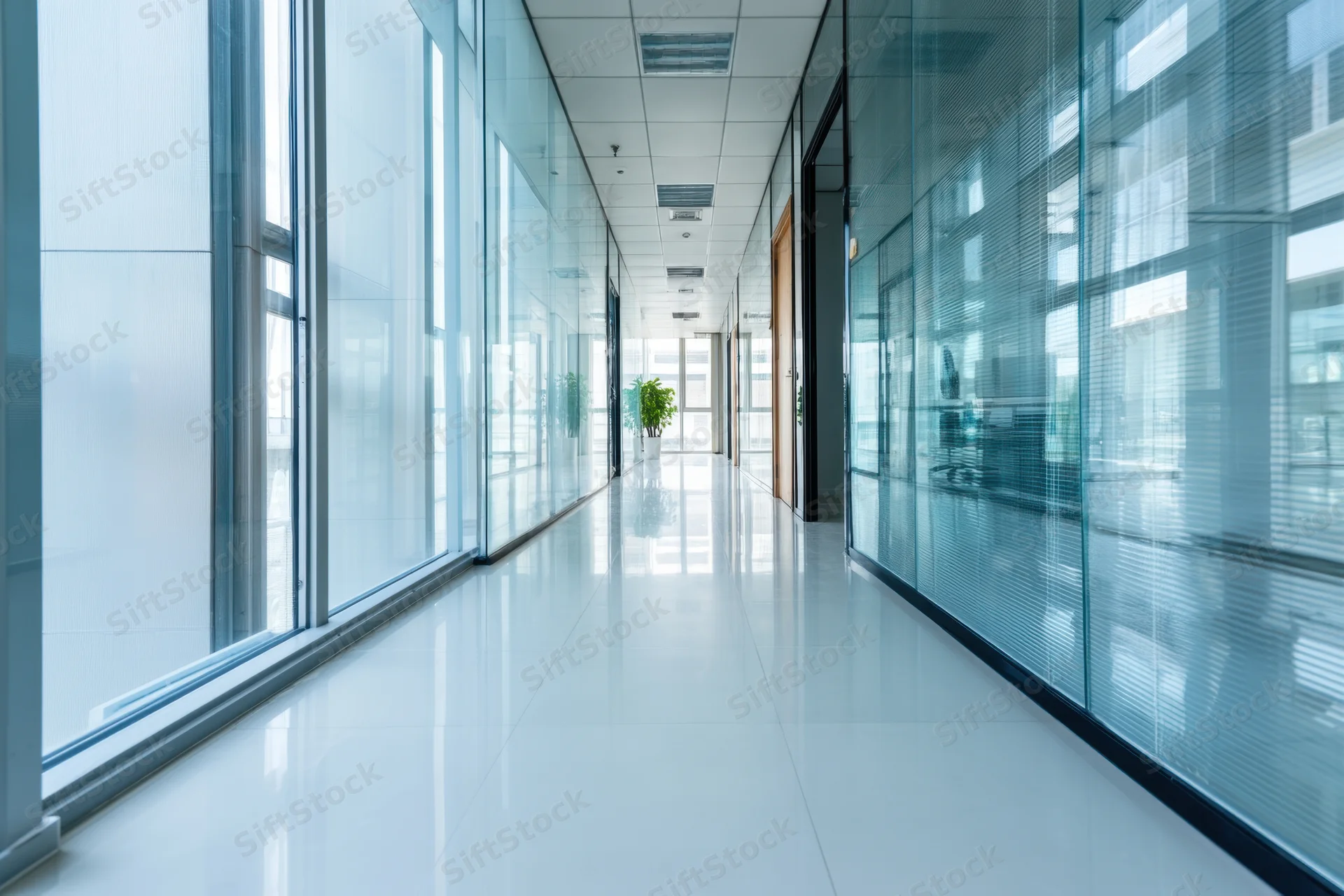Long modern office hallway with glass walls and polished white floor