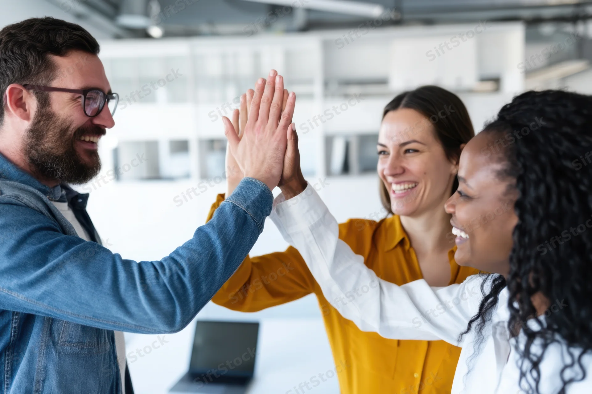 Three colleagues giving high five in modern office space