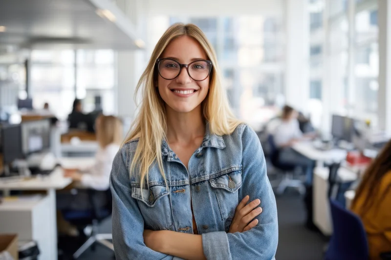 Smiling blonde woman in denim jacket with arms crossed in modern office workspace