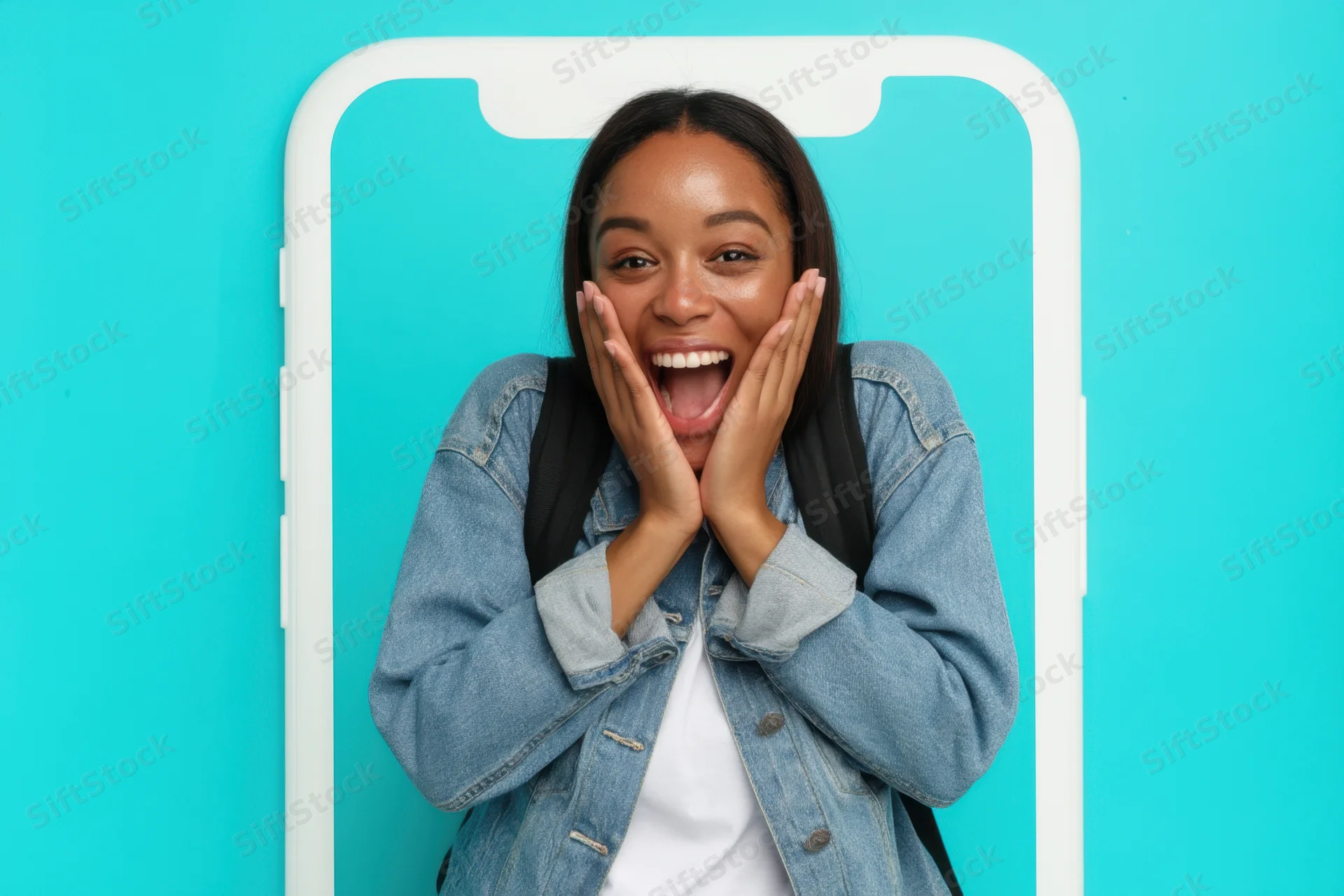 Young woman smiling with hands on cheeks leaning out of smartphone frame against blue background