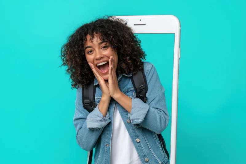 Young woman with backpack shouting excitedly while leaning out of a smartphone screen against turquoise background