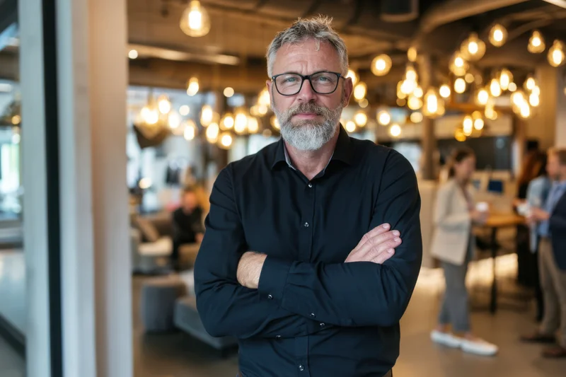 Confident middle-aged man with gray beard and glasses standing with arms crossed in modern office workspace