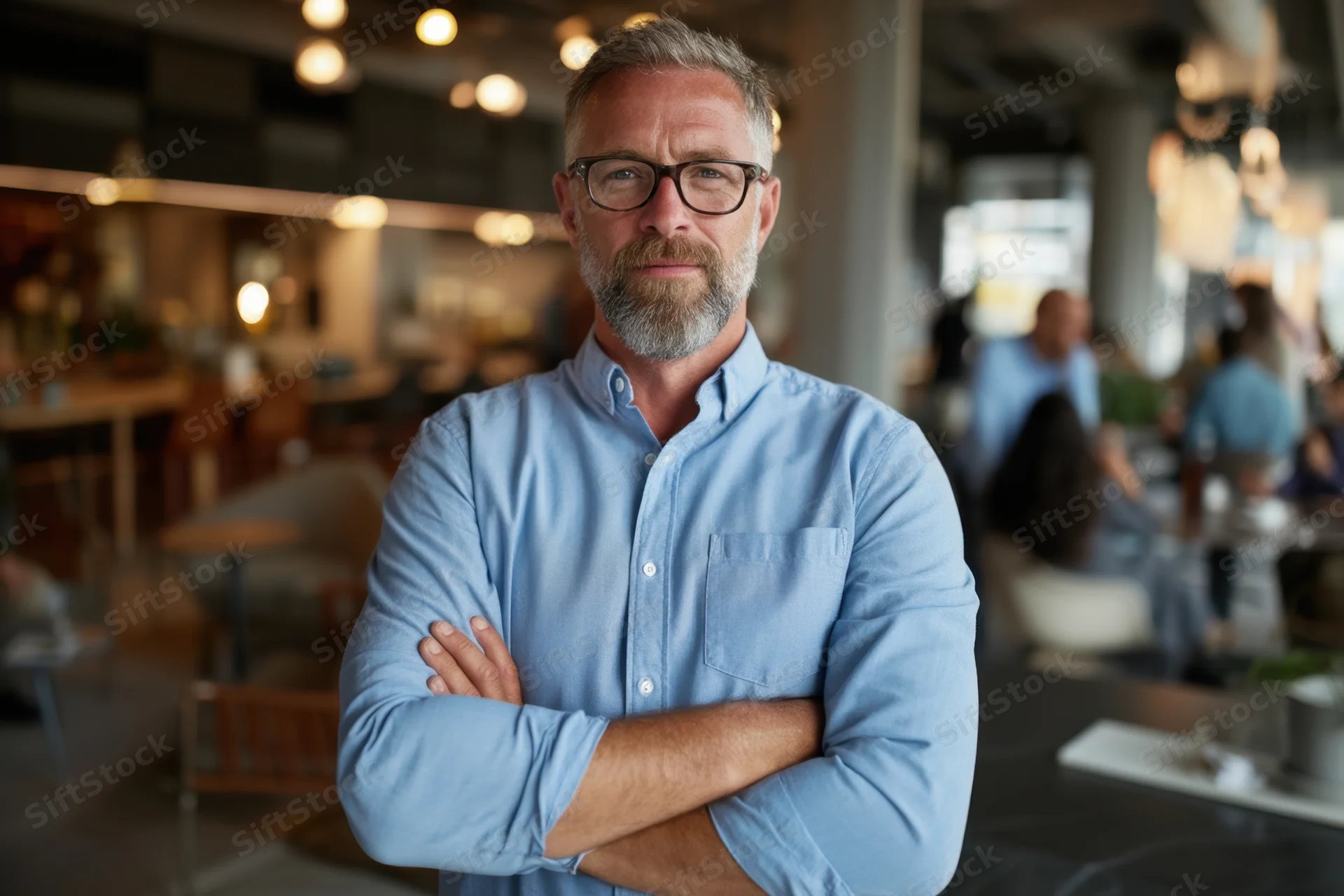 Middle-aged man with gray beard and glasses standing with arms crossed in modern office workspace