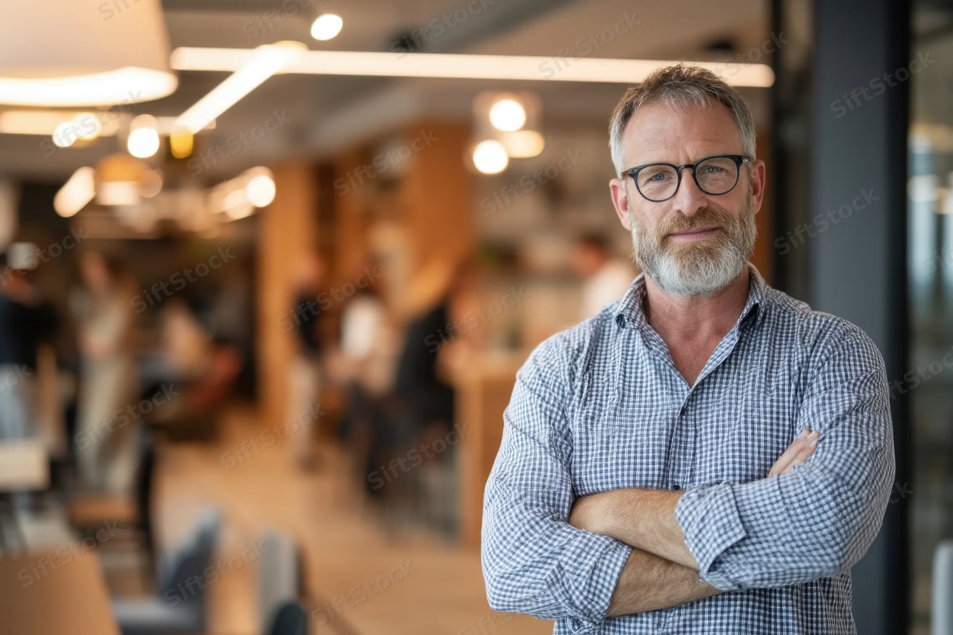Middle-aged man with gray beard and glasses standing confidently with arms crossed in modern office space