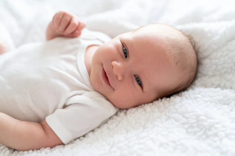 Newborn baby smiling while lying on a soft white plush blanket