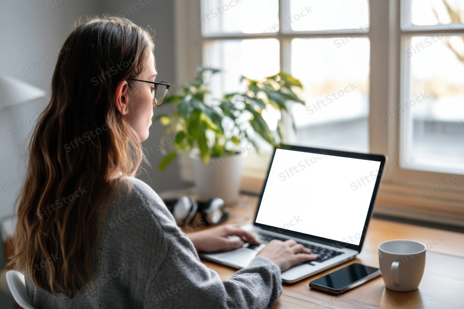 Woman working on laptop at wooden desk by window in home office