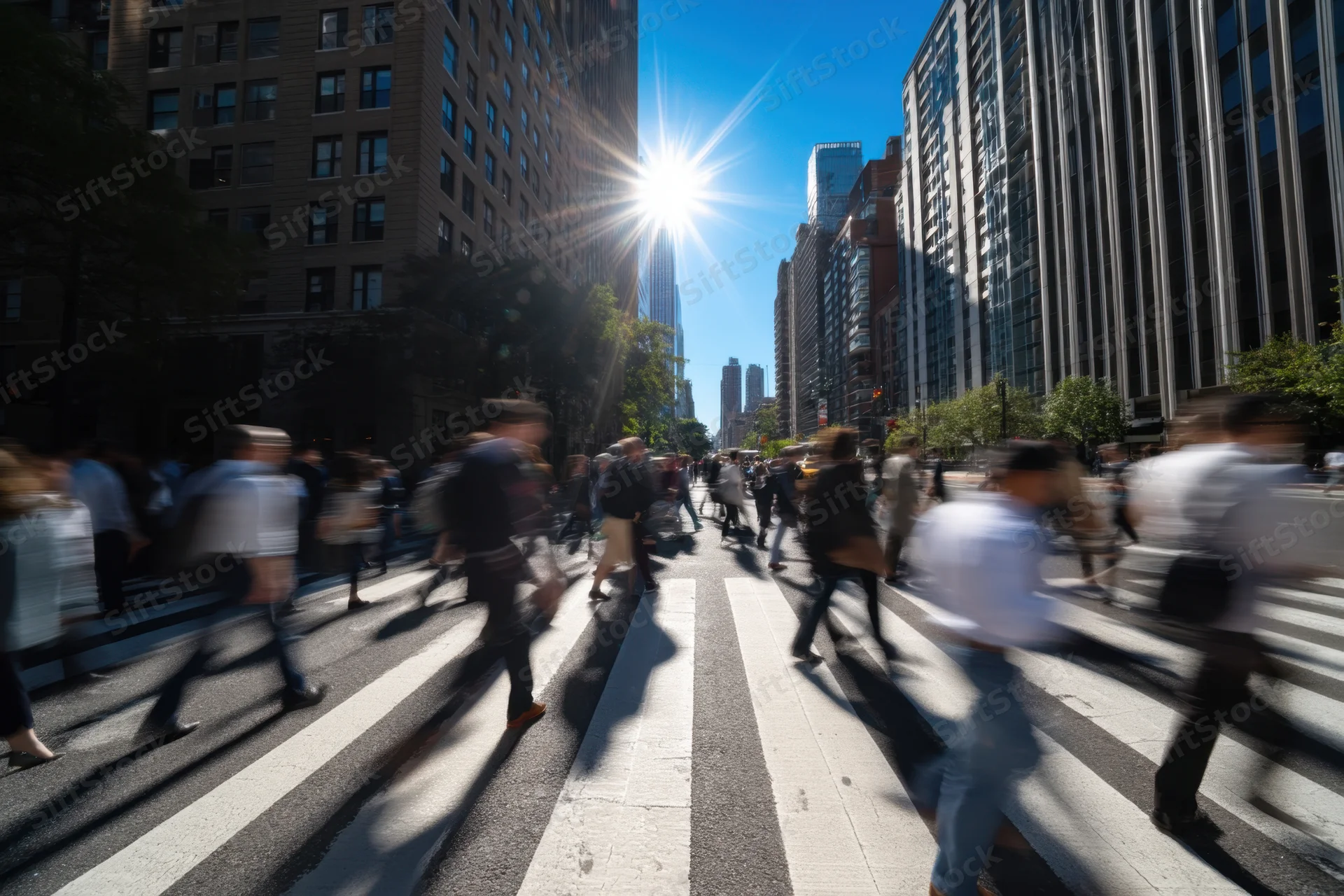 Blurred pedestrians crossing a city street in midtown during daytime