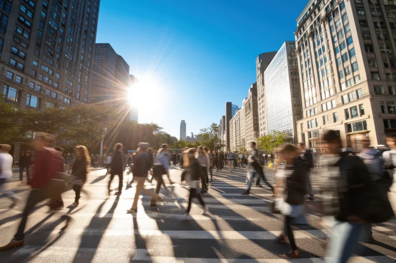 Blurred pedestrians crossing a city street at a zebra crosswalk in a downtown area during daytime