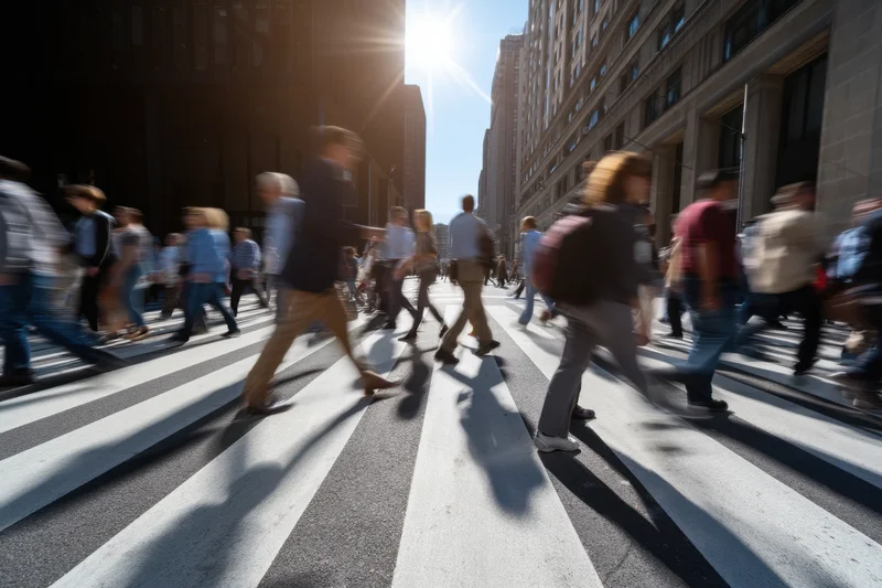 Blurred pedestrians crossing a city street at a busy crosswalk in daylight