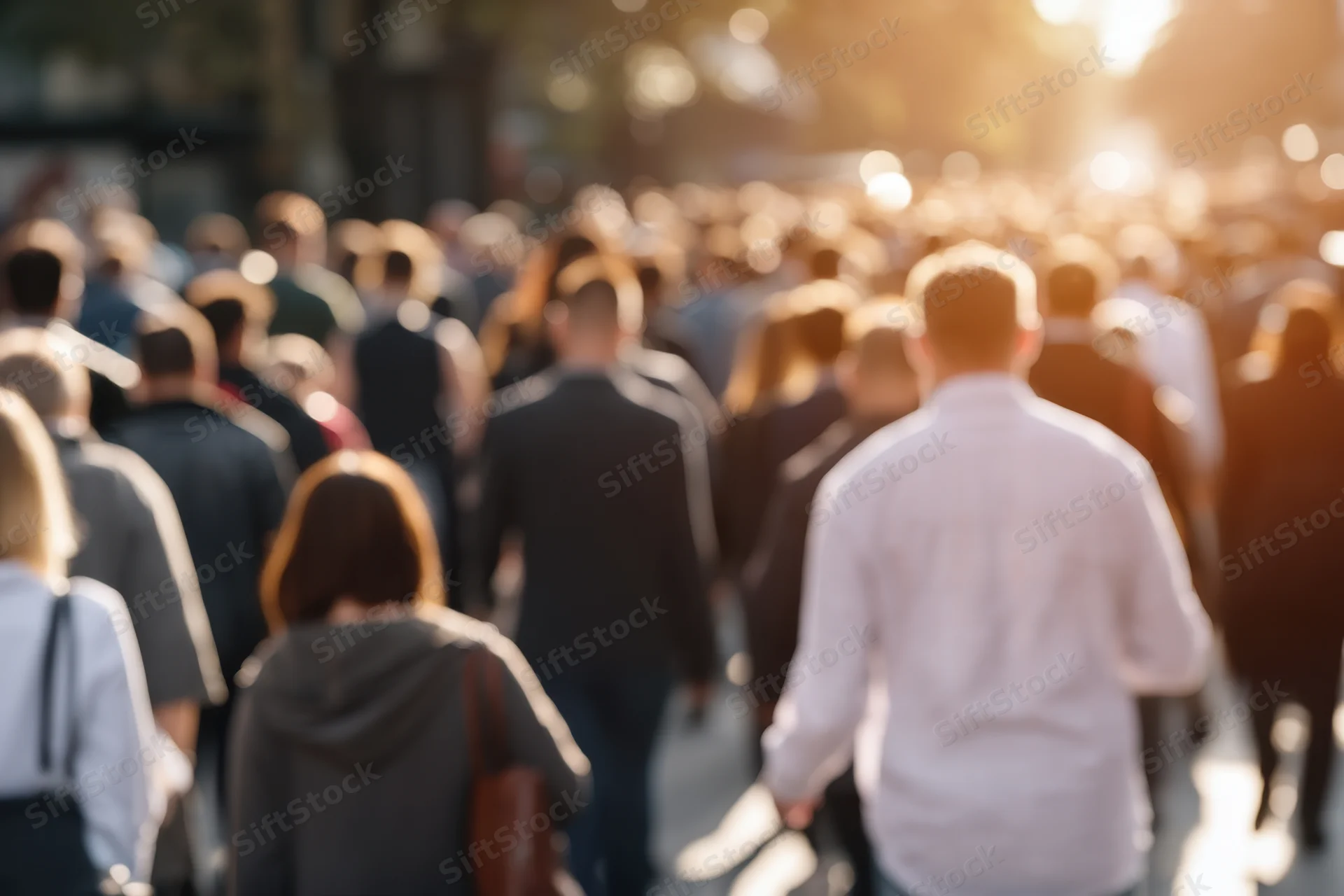 Crowd of pedestrians walking away on a sunlit city street