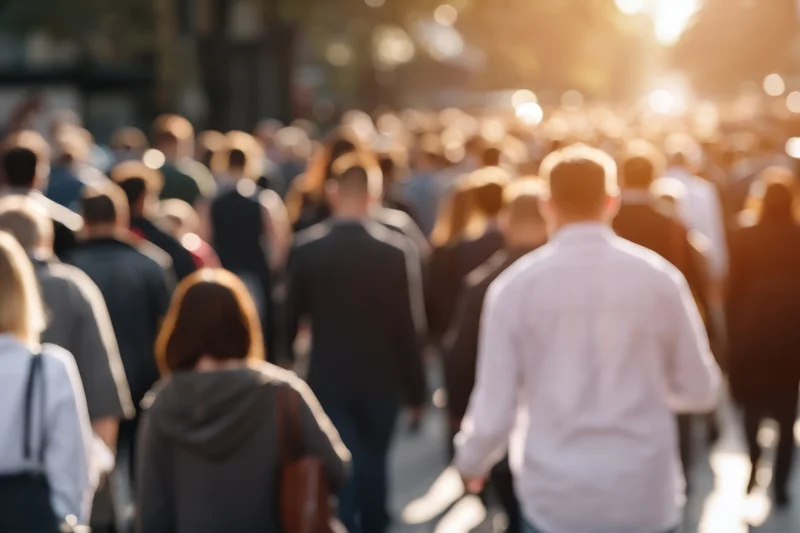 Crowd of pedestrians walking away on a sunlit city street