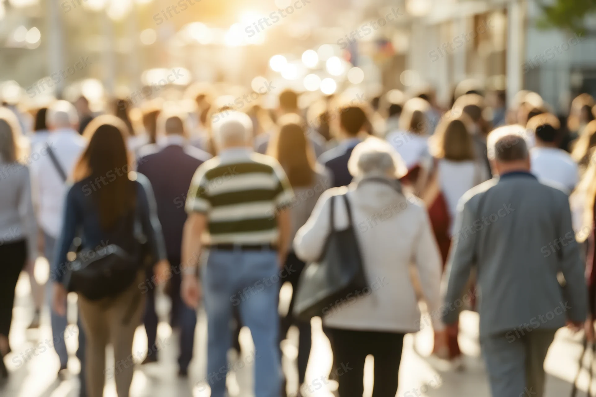 Crowd of pedestrians walking away on a sunlit city street