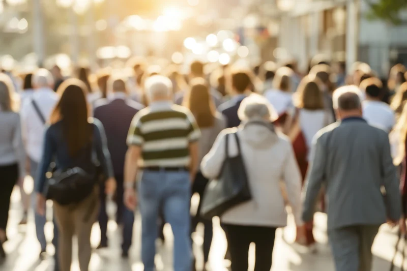 Crowd of pedestrians walking away on a sunlit city street