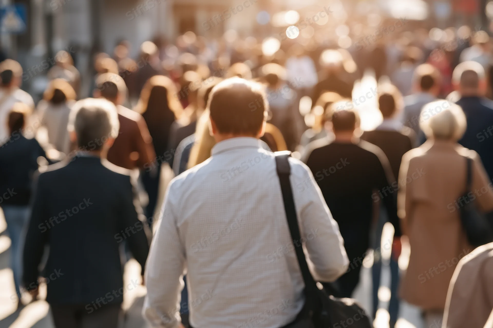 Crowd of pedestrians walking away on a sunlit city street