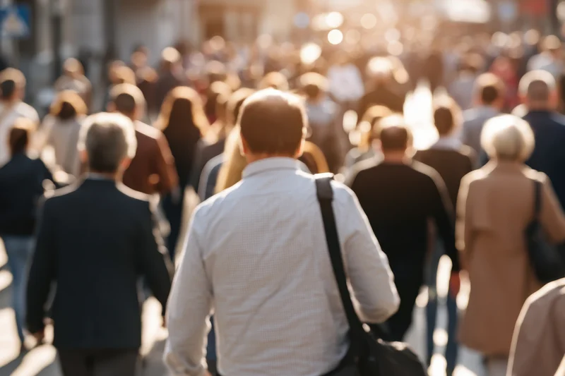 Crowd of pedestrians walking away on a sunlit city street