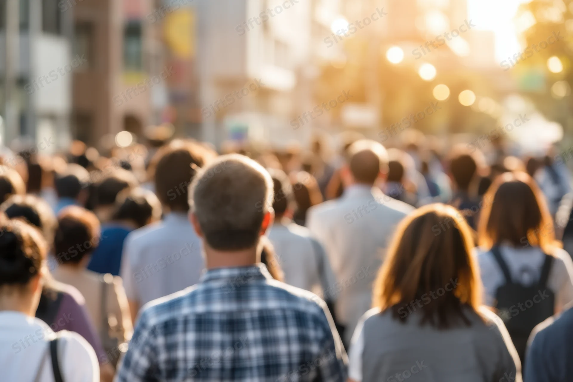 Crowd of pedestrians walking away on a sunlit city street