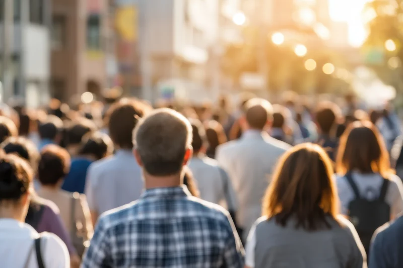 Crowd of pedestrians walking away on a sunlit city street