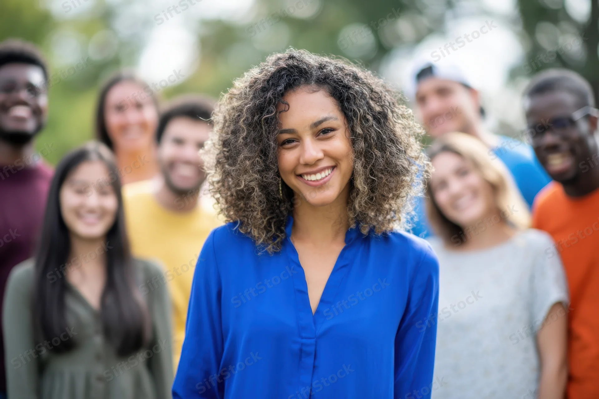 Woman smiling at camera with diverse group behind her in outdoor setting