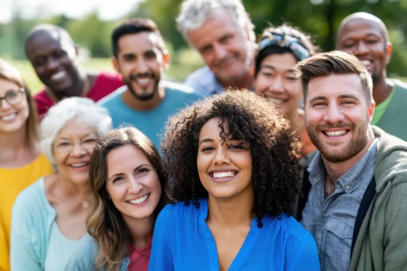 Diverse group of people smiling together outdoors in a park on a sunny day