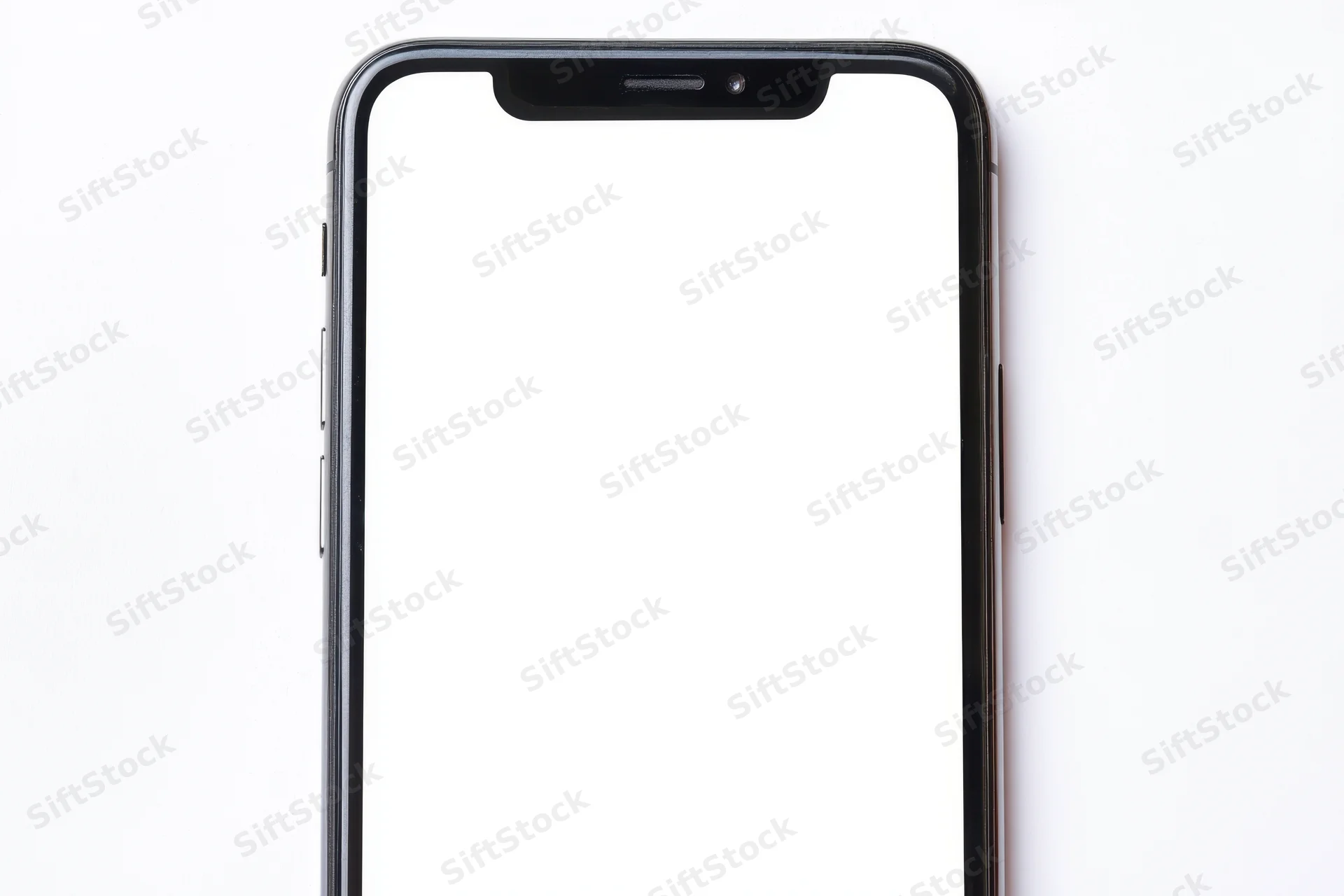 Front-facing smartphone with slim black bezel notch on white background