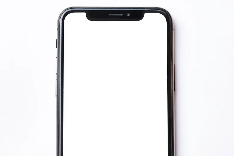 Front-facing smartphone with slim black bezel notch on white background