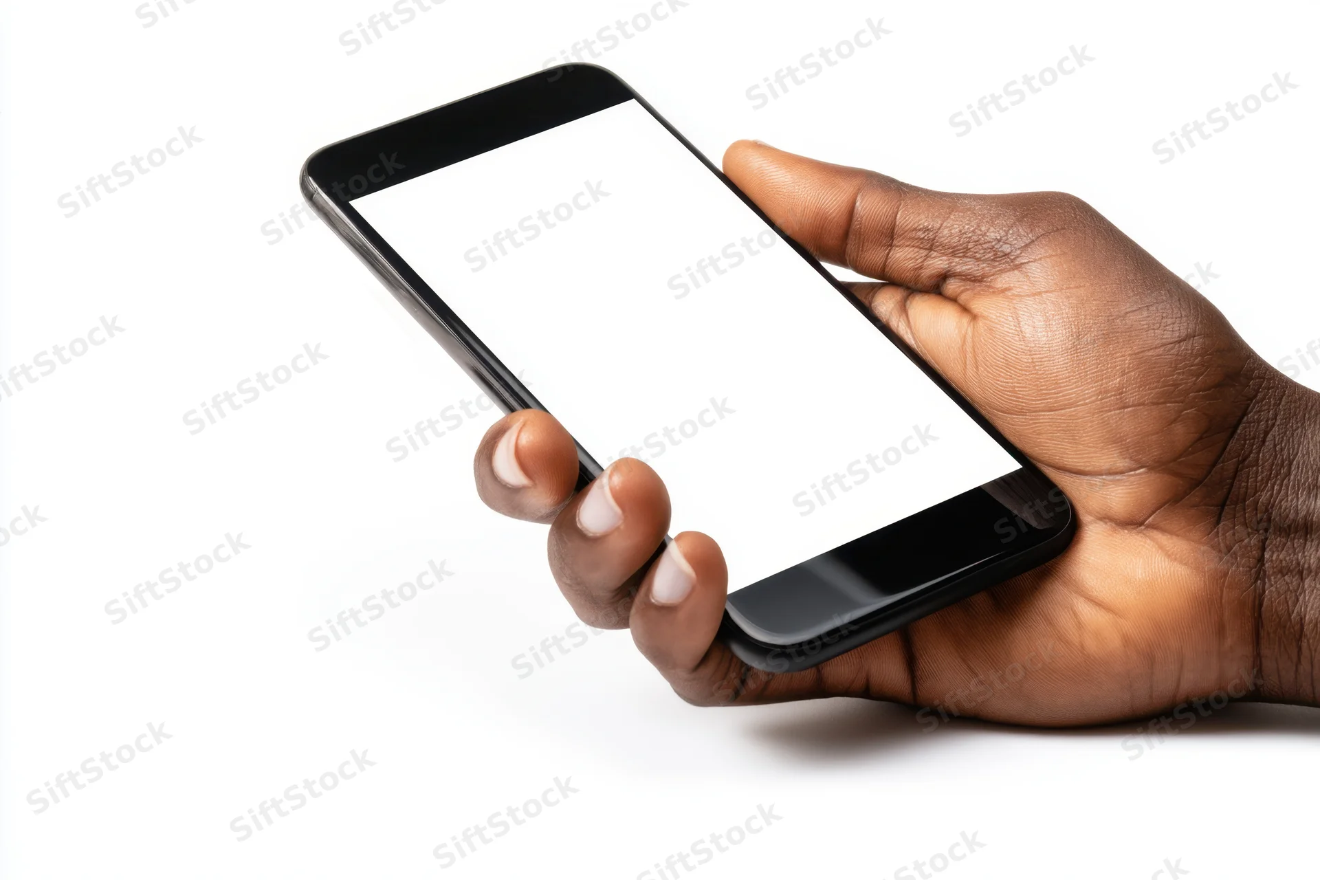 Hand holding a modern smartphone with blank white screen against white background