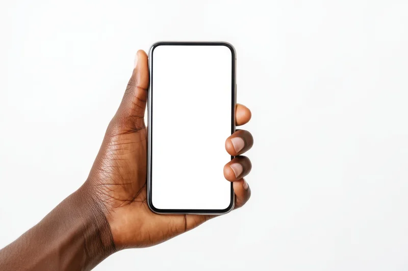Hand holding a modern smartphone with blank white screen against white background