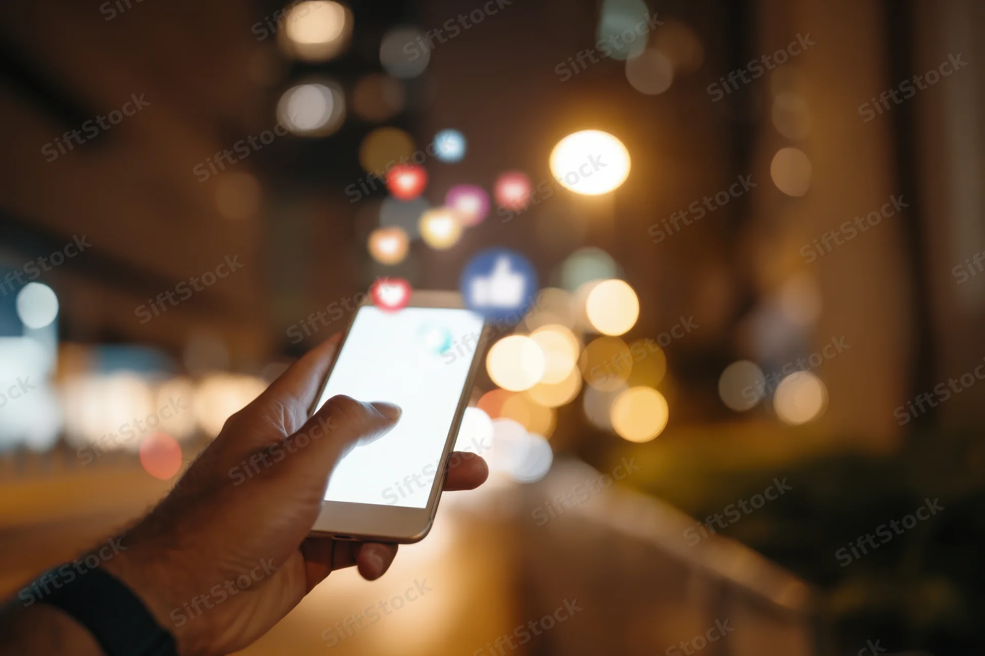 Hand holding smartphone with social media notifications glowing in dimly lit city at night