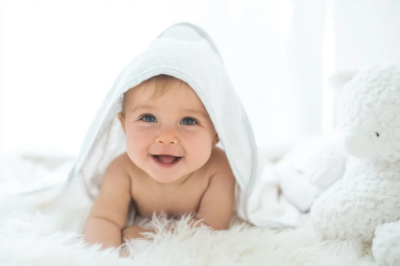 Happy baby smiling with white hooded towel over head lying on fluffy white rug beside plush teddy bear