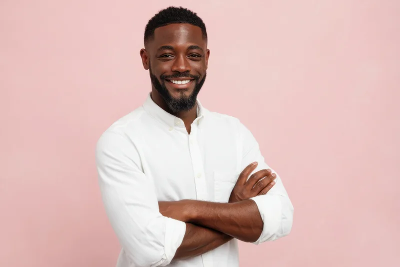 Smiling man with arms crossed wearing white shirt against pink background