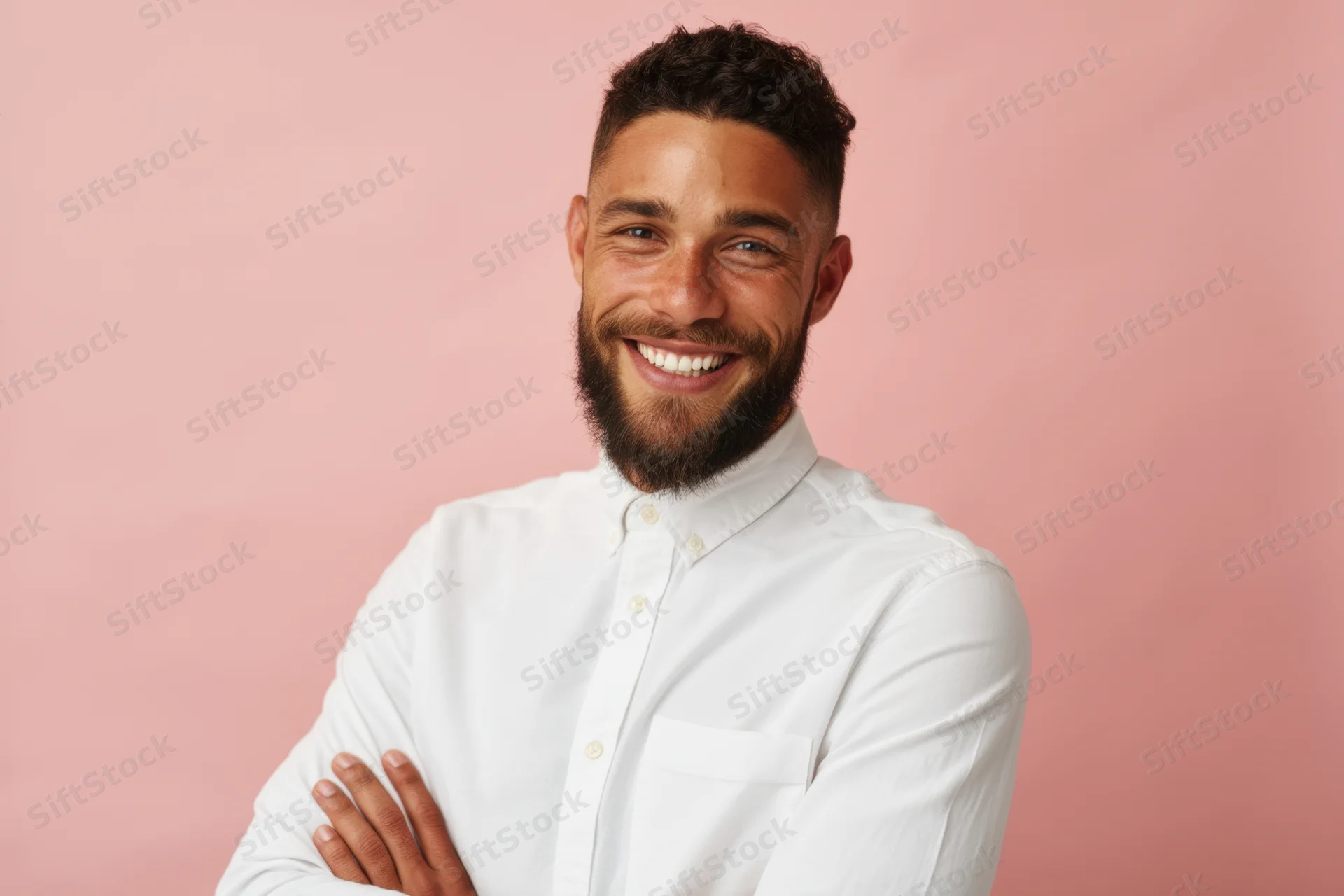 Smiling man with neatly trimmed beard and dark hair wearing white shirt, arms crossed, against pink background