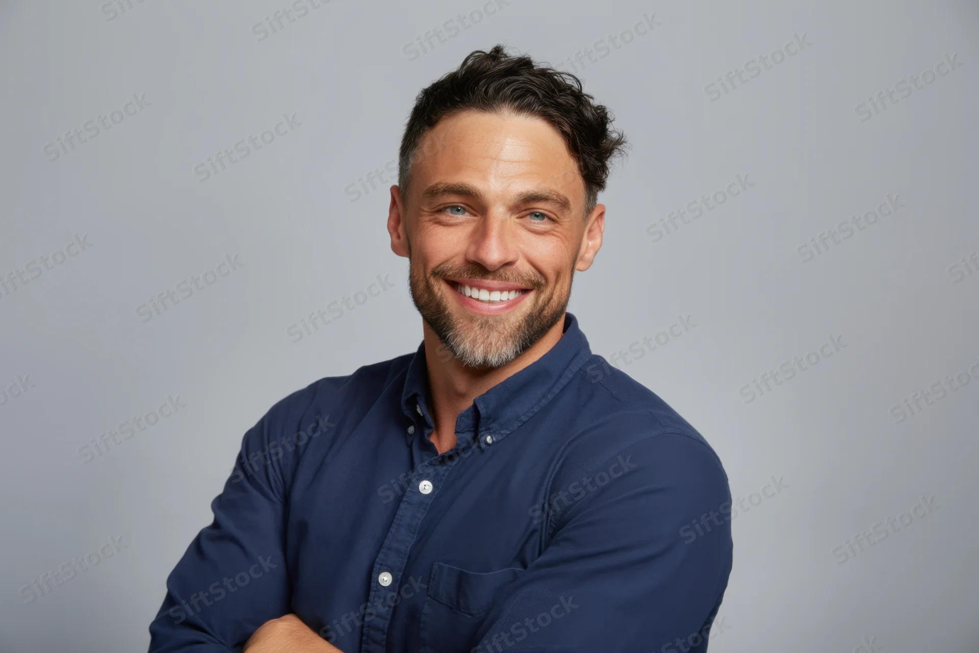 Smiling man in navy shirt with arms crossed against grey background