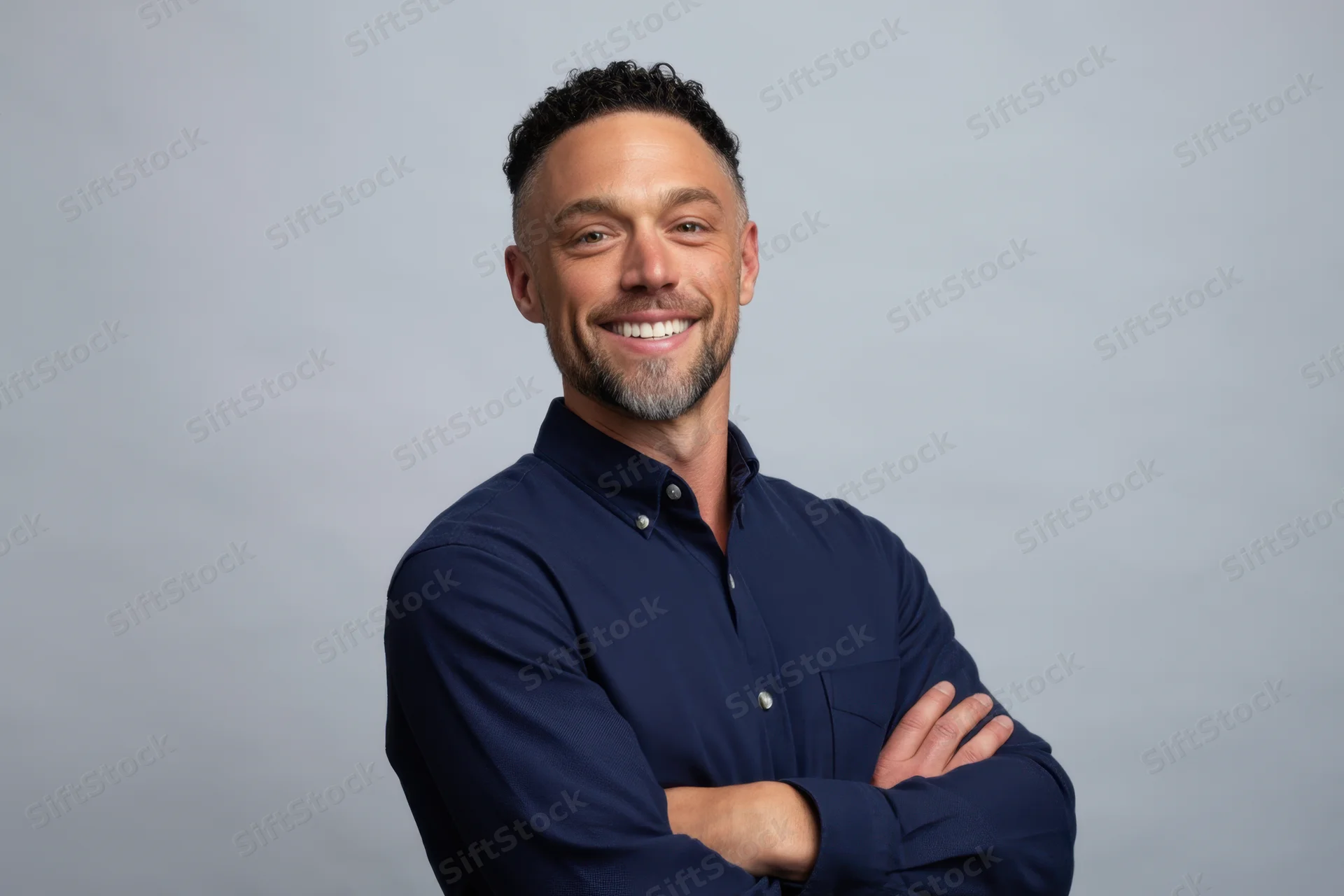 Smiling man with arms crossed wearing navy shirt in studio portrait