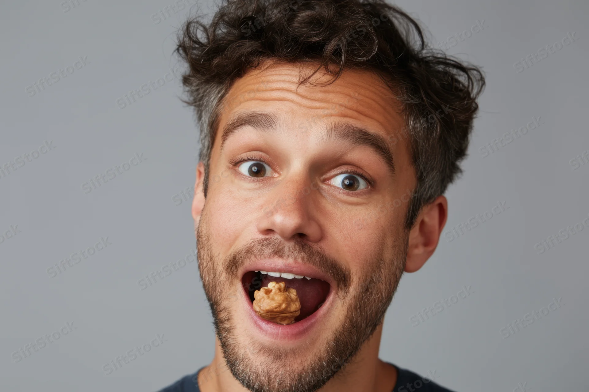 Man with open mouth eating a snack in studio setting