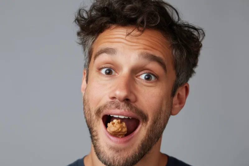 Man with open mouth eating a snack in studio setting