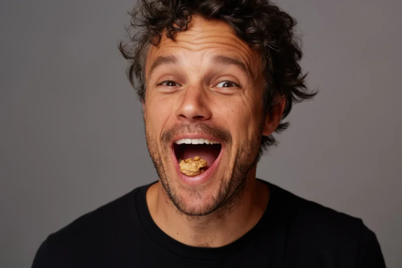 Man with curly hair and stubble smiling widely with walnut in his open mouth against gray background