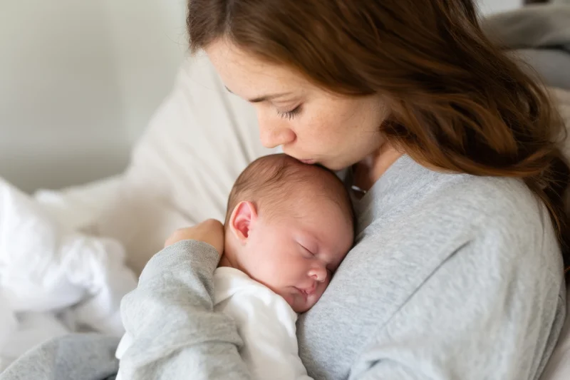 Mother cradling sleeping newborn in her arms on a bed