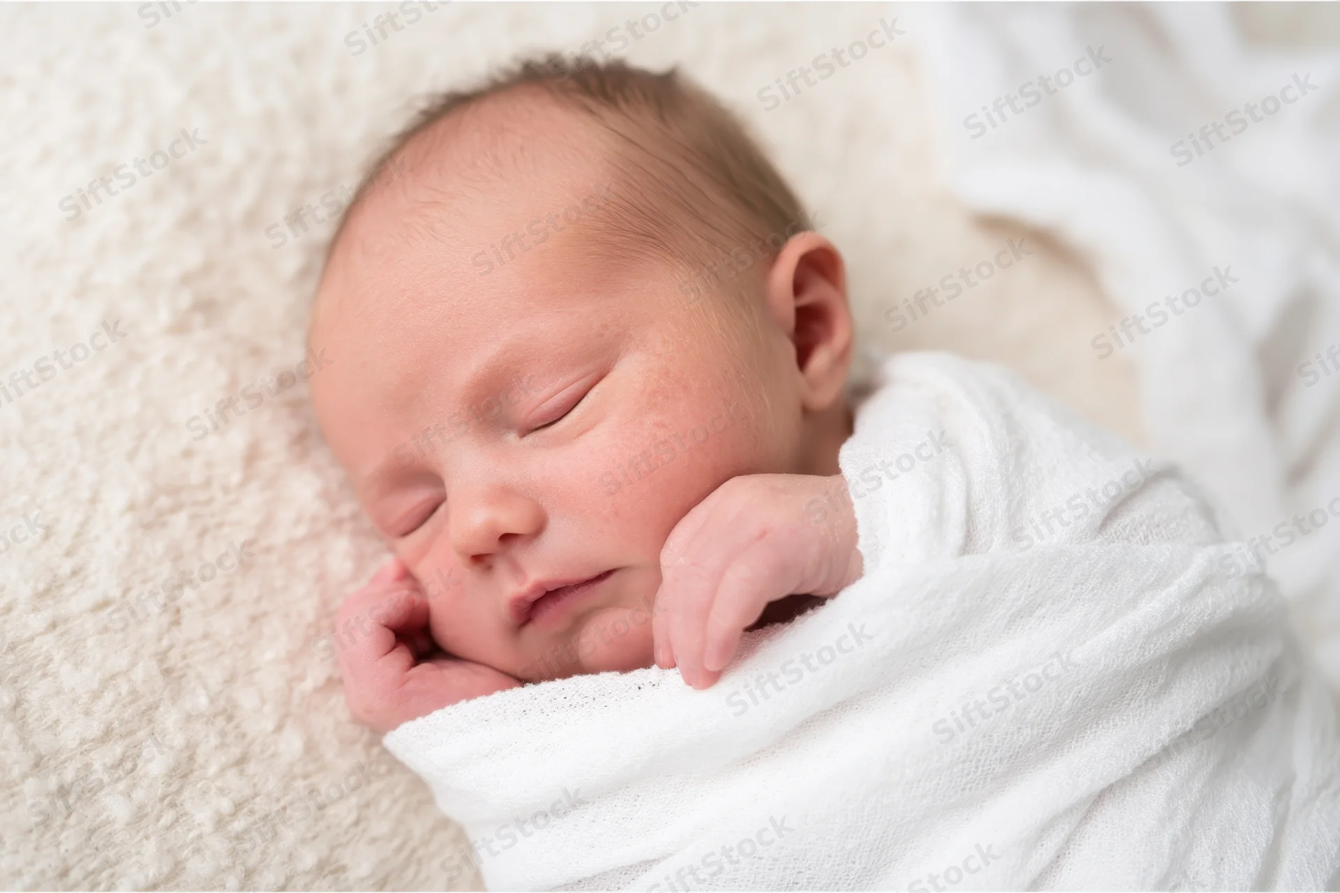 Newborn baby sleeping peacefully swaddled in white blanket on soft textured surface