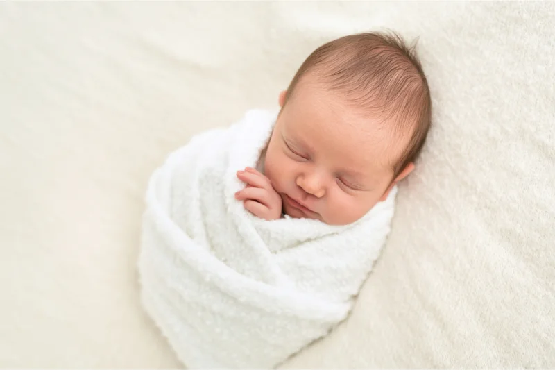 Newborn baby sleeping swaddled in white blanket on soft surface