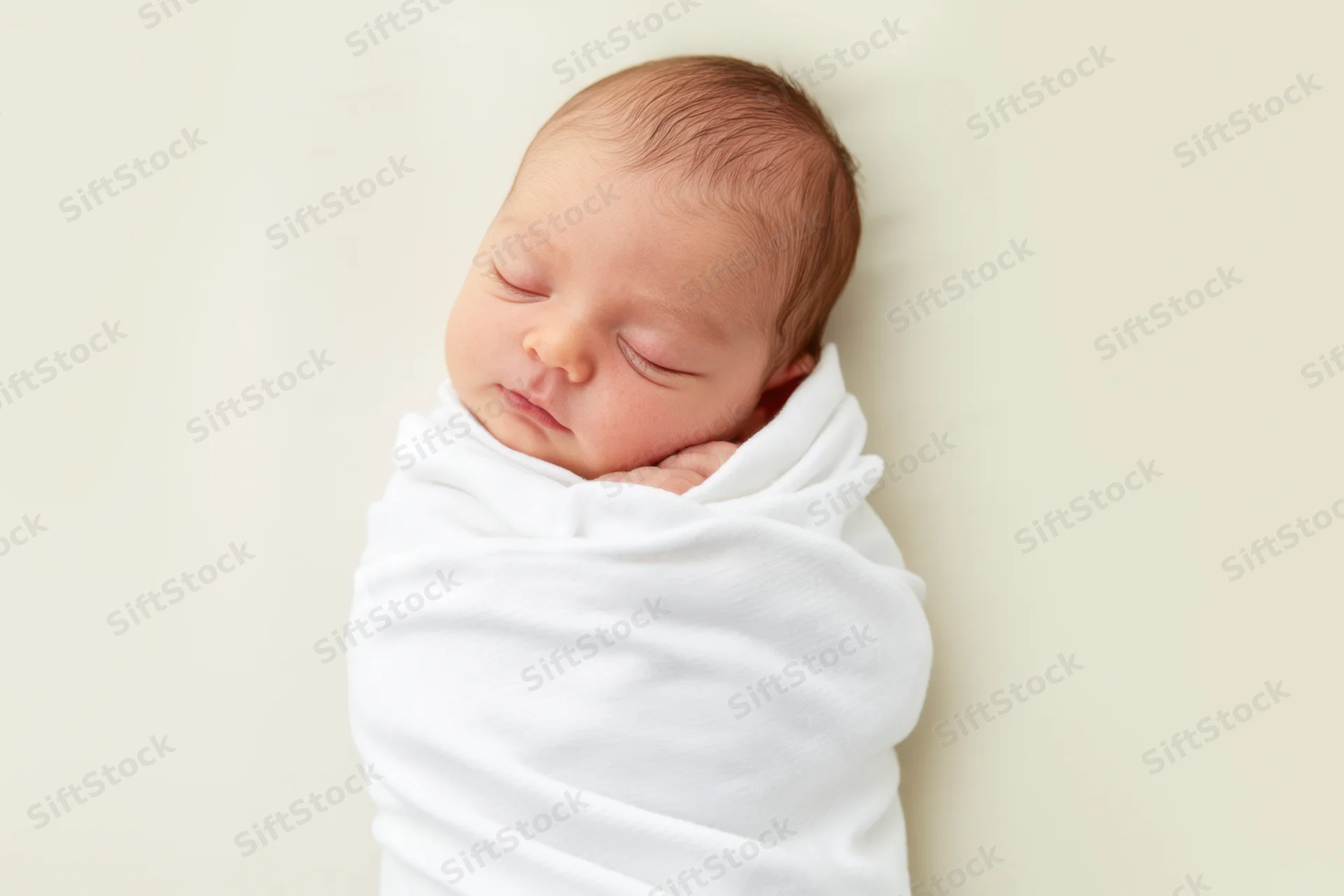 Newborn baby sleeping swaddled in white blanket on light background
