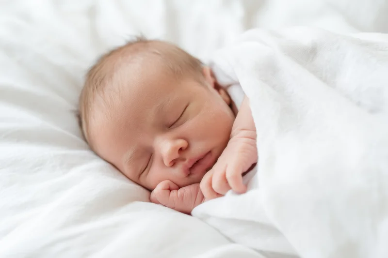 Newborn baby sleeping with hands near face wrapped in white blanket