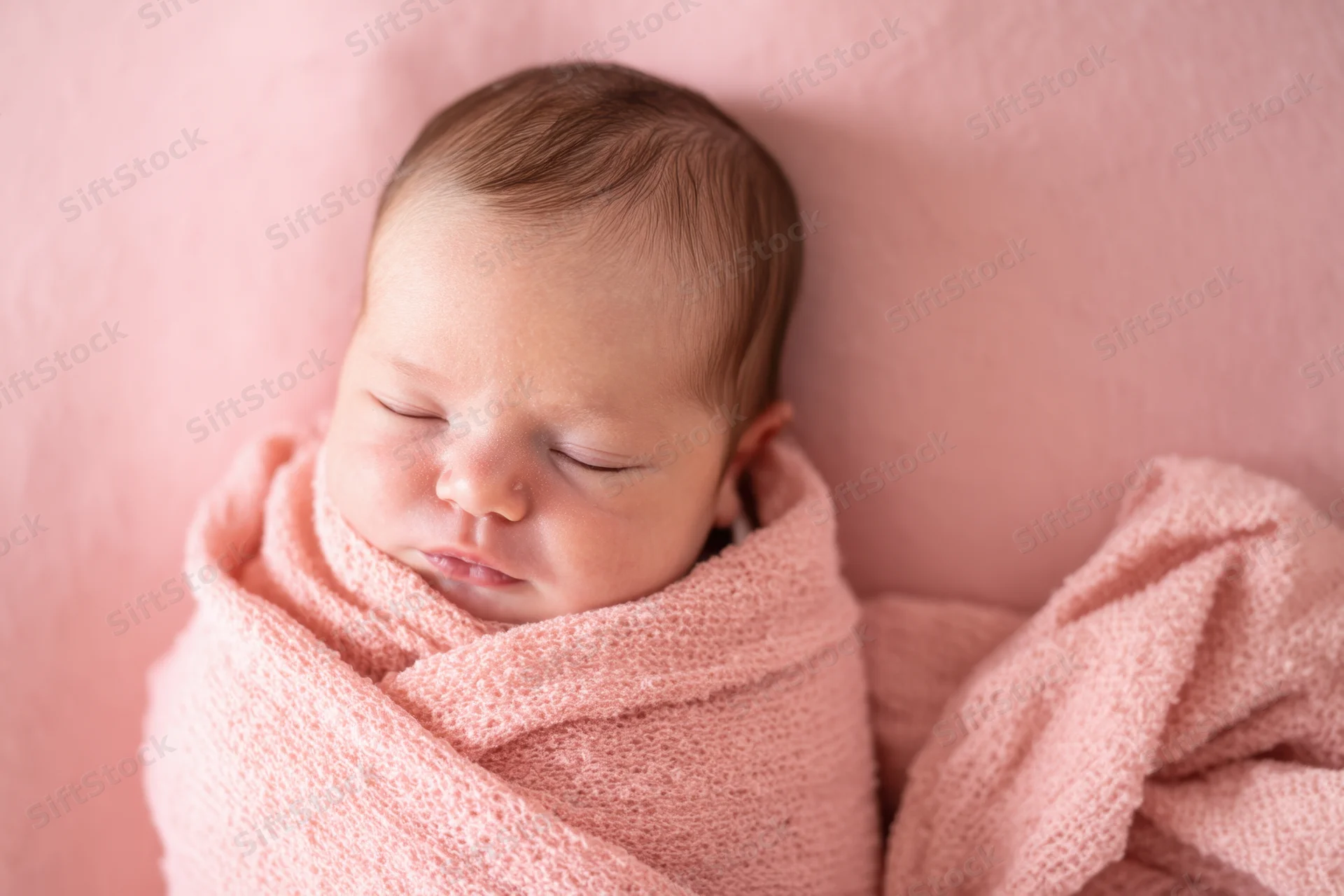 Newborn baby sleeping swaddled in soft pink blanket on pink background
