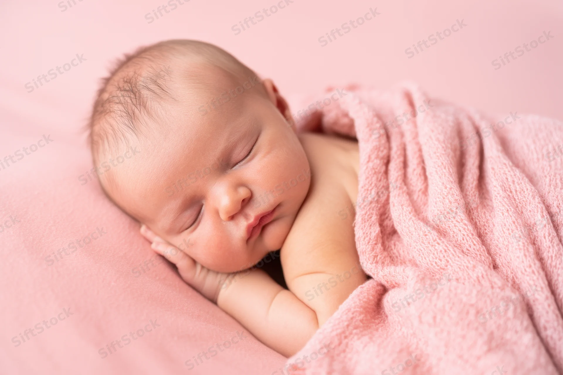 Newborn baby sleeping peacefully wrapped in a soft pink blanket on a pink surface