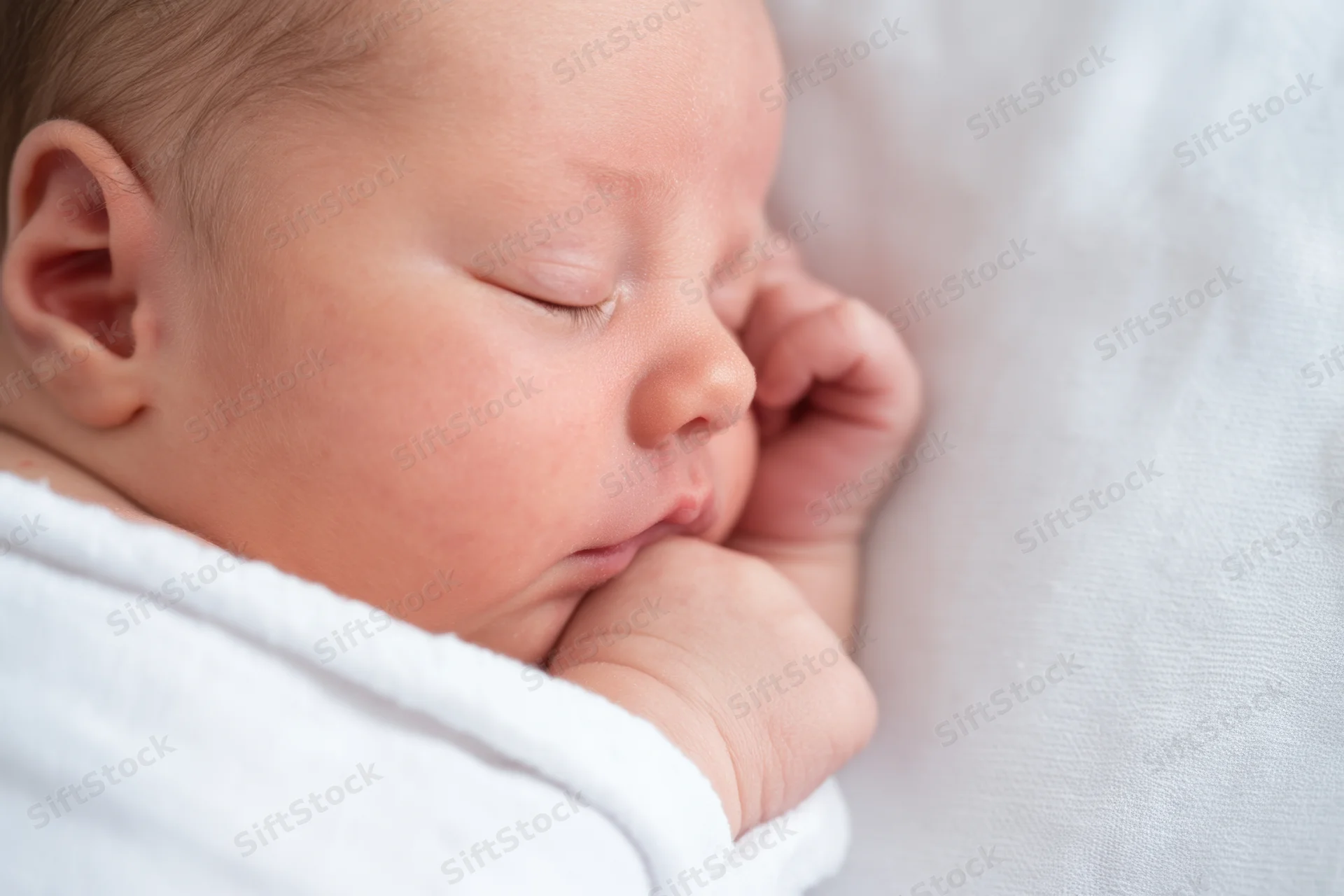 Closeup of a sleeping newborn baby wrapped in a white blanket, face in profile with rosy cheeks and tiny fingers near the mouth