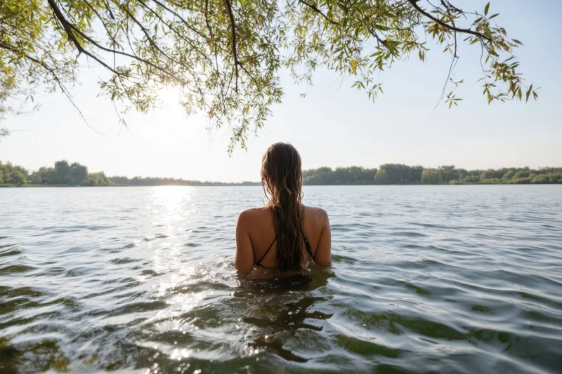 Woman standing chest-deep in a tranquil lake with wet hair, back to camera, under overhanging tree branches, sunlight glinting on water surface