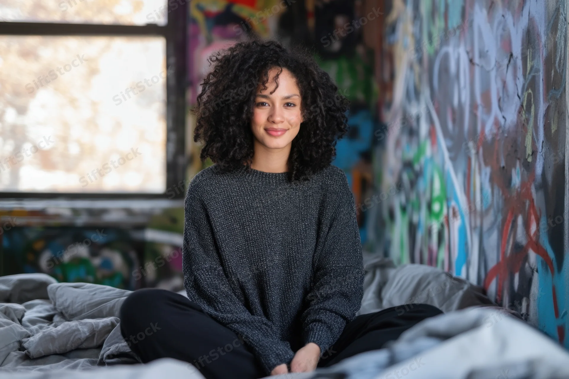 Woman with curly black hair sitting cross-legged on a bed in a graffiti-covered urban studio