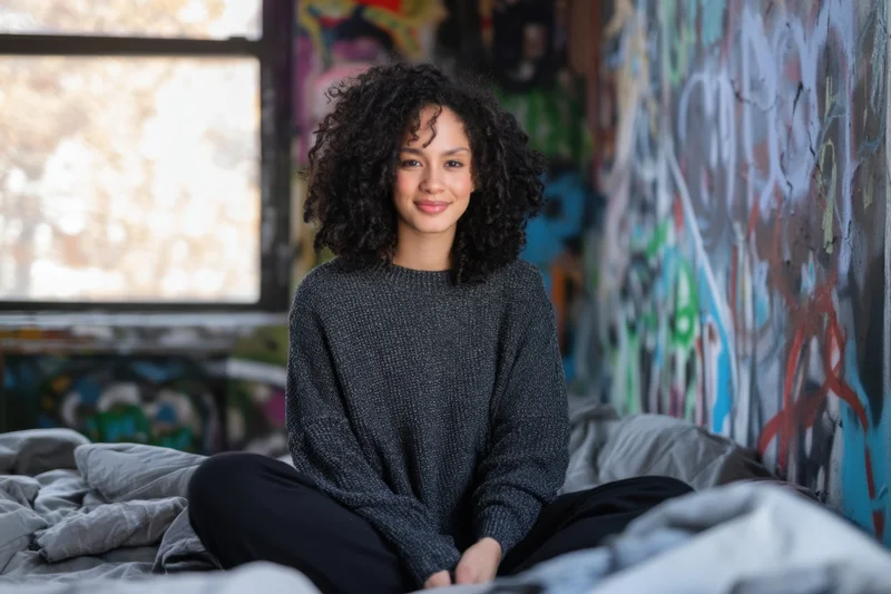 Woman with curly black hair sitting cross-legged on a bed in a graffiti-covered urban studio